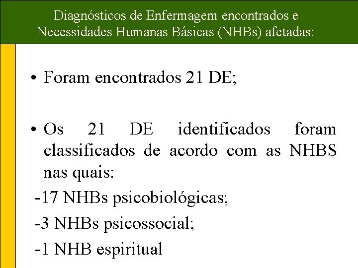 Diagnósticos de Enfermagem encontrados e Necessidades Humanas Básicas (NHBs) afetadas: • Foram encontrados 21