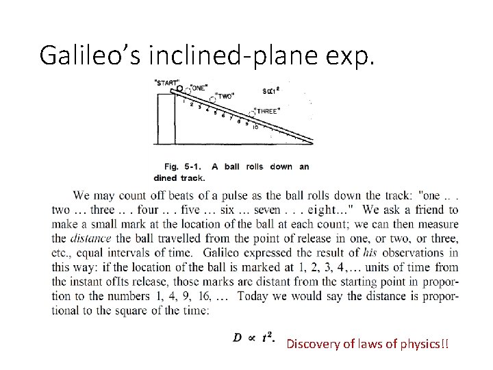 Galileo’s inclined-plane exp. Discovery of laws of physics!! Galileo’s inclined-plane exp. Discovery of laws of physics!!