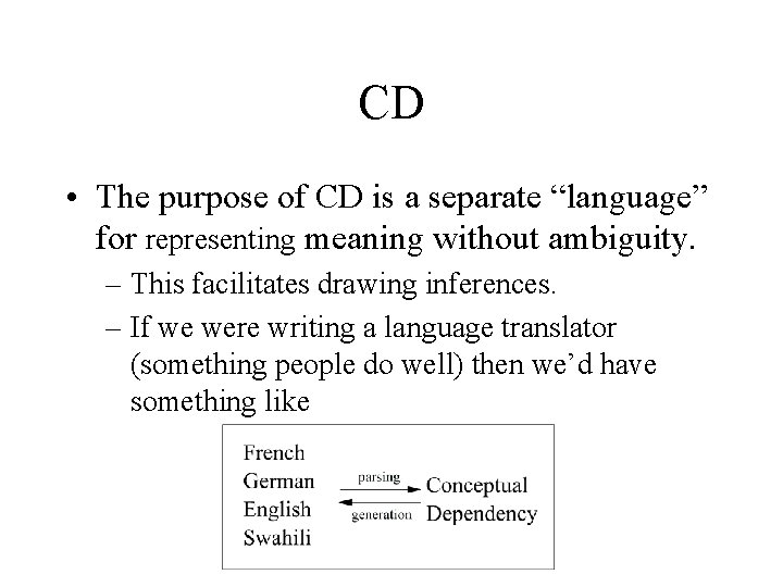 CD • The purpose of CD is a separate “language” for representing meaning without