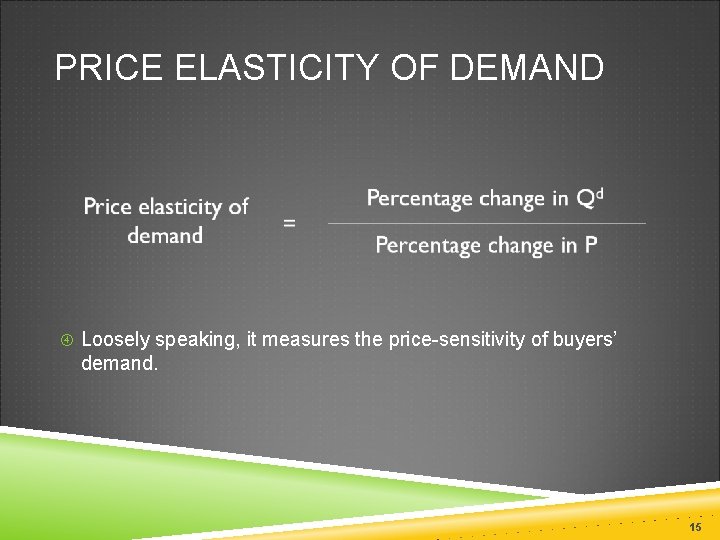 PRICE ELASTICITY OF DEMAND Loosely speaking, it measures the price-sensitivity of buyers’ demand. 15