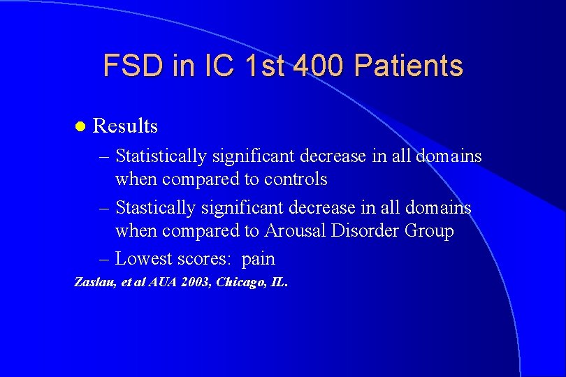 FSD in IC 1 st 400 Patients l Results – Statistically significant decrease in