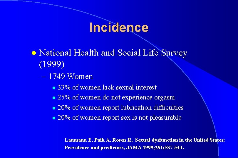 Incidence l National Health and Social Life Survey (1999) – 1749 Women 33% of