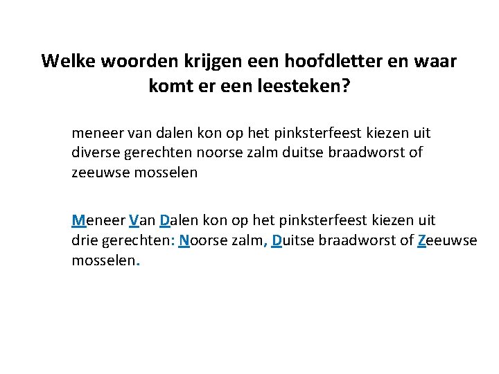 Welke woorden krijgen een hoofdletter en waar komt er een leesteken? meneer van dalen