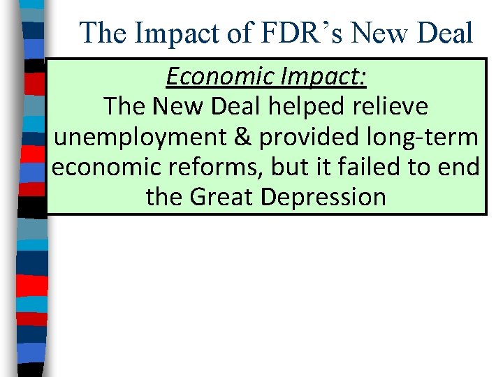 The Impact of FDR’s New Deal Economic Impact: The New Deal helped relieve unemployment