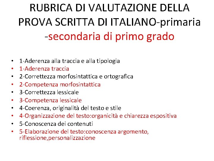 RUBRICA DI VALUTAZIONE DELLA PROVA SCRITTA DI ITALIANO-primaria -secondaria di primo grado • •