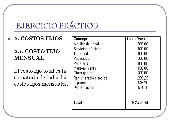 EJERCICIO PRÁCTICO l 2. COSTOS FIJOS 2. 1. COSTO FIJO MENSUAL El costo fijo EJERCICIO PRÁCTICO l 2. COSTOS FIJOS 2. 1. COSTO FIJO MENSUAL El costo fijo