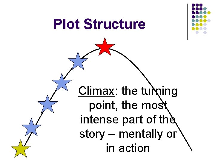 Plot Structure Climax: the turning point, the most intense part of the story –