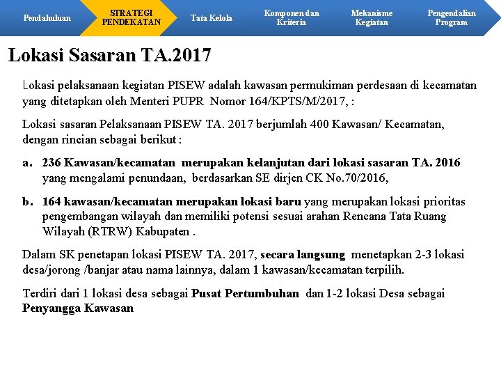 Pendahuluan STRATEGI PENDEKATAN Tata Kelola Komponen dan Kriteria Mekanisme Kegiatan Pengendalian Program Lokasi Sasaran