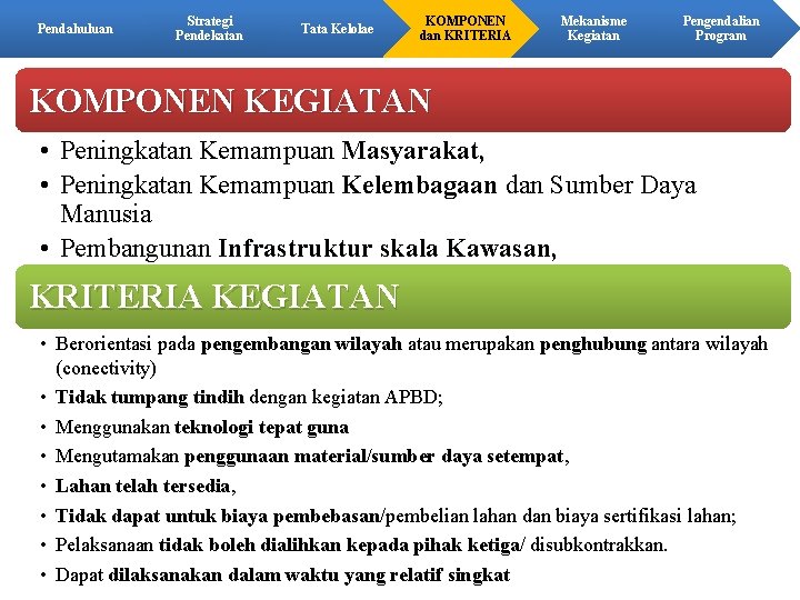 Pendahuluan Strategi Pendekatan Tata Kelolae KOMPONEN dan KRITERIA Mekanisme Kegiatan Pengendalian Program KOMPONEN KEGIATAN