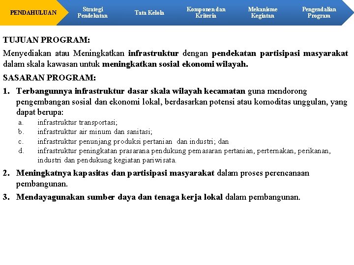 PENDAHULUAN Strategi Pendekatan Tata Kelola Komponen dan Kriteria Mekanisme Kegiatan Pengendalian Program TUJUAN PROGRAM: