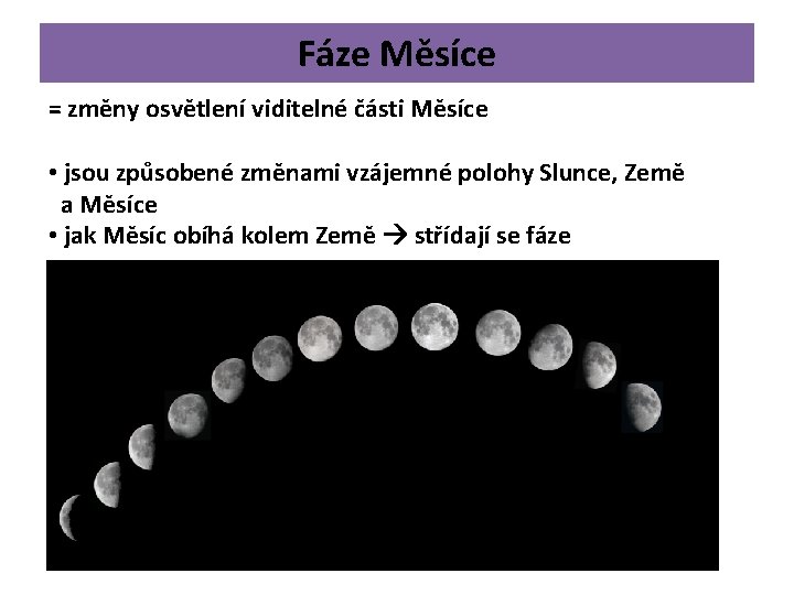 Fáze Měsíce = změny osvětlení viditelné části Měsíce • jsou způsobené změnami vzájemné polohy