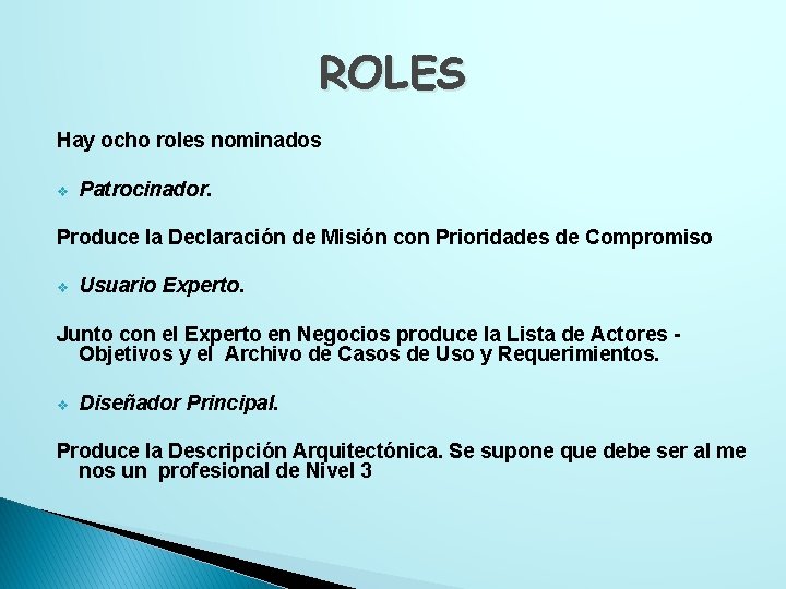 ROLES Hay ocho roles nominados v Patrocinador. Produce la Declaración de Misión con Prioridades