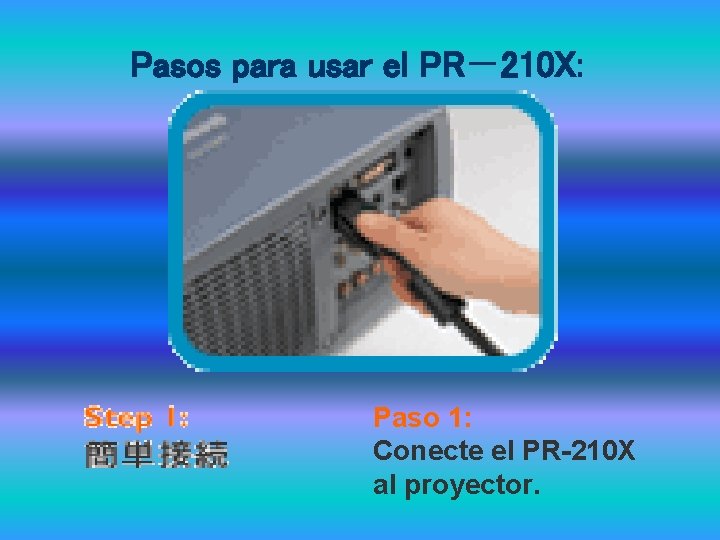 Pasos para usar el PR－210 X: Paso 1: Conecte el PR-210 X al proyector.