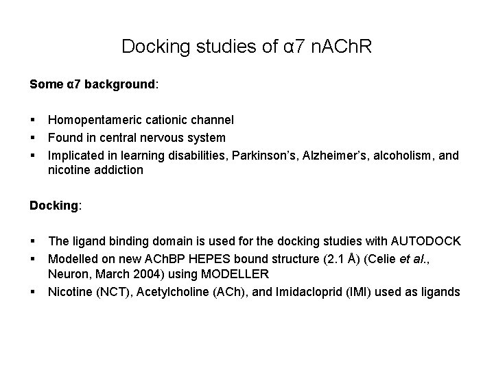 Docking studies of α 7 n. ACh. R Some α 7 background: § §