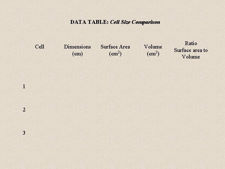 DATA TABLE: Cell Size Comparison Cell 1 2 3 Dimensions (cm) Surface Area (cm
