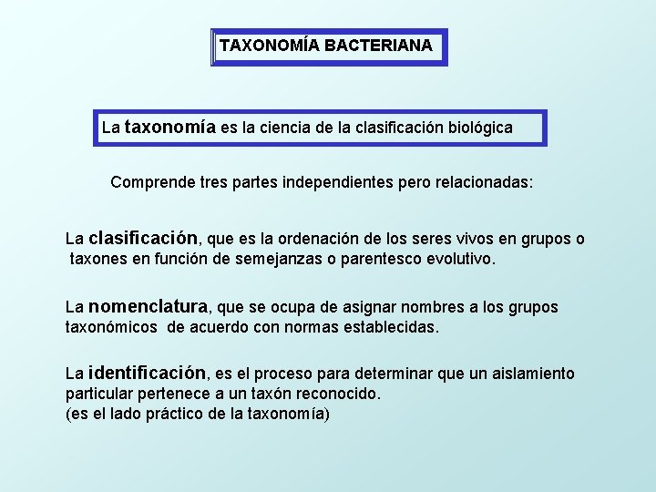 TAXONOMÍA BACTERIANA La taxonomía es la ciencia de la clasificación biológica Comprende tres partes