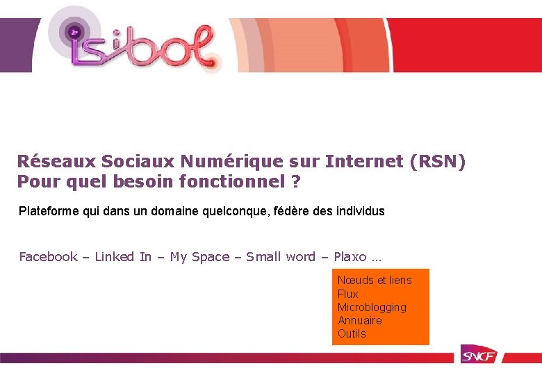 Réseaux Sociaux Numérique sur Internet (RSN) Pour quel besoin fonctionnel ? Plateforme qui dans