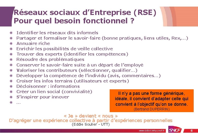 Réseaux sociaux d’Entreprise (RSE) Pour quel besoin fonctionnel ? Identifier les réseaux dits informels