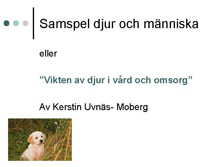 Samspel djur och människa eller ”Vikten av djur i vård och omsorg” Av Kerstin Samspel djur och människa eller ”Vikten av djur i vård och omsorg” Av Kerstin