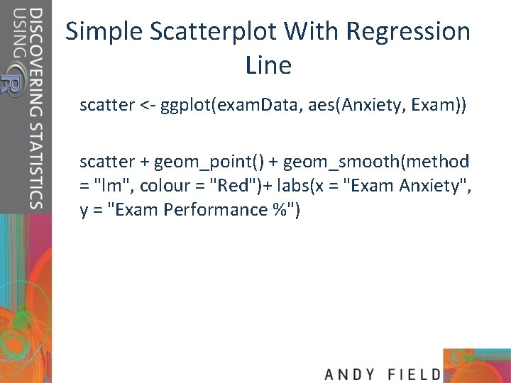 Simple Scatterplot With Regression Line scatter <- ggplot(exam. Data, aes(Anxiety, Exam)) scatter + geom_point()