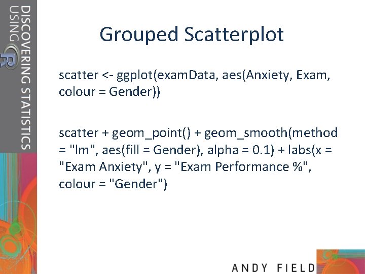 Grouped Scatterplot scatter <- ggplot(exam. Data, aes(Anxiety, Exam, colour = Gender)) scatter + geom_point()