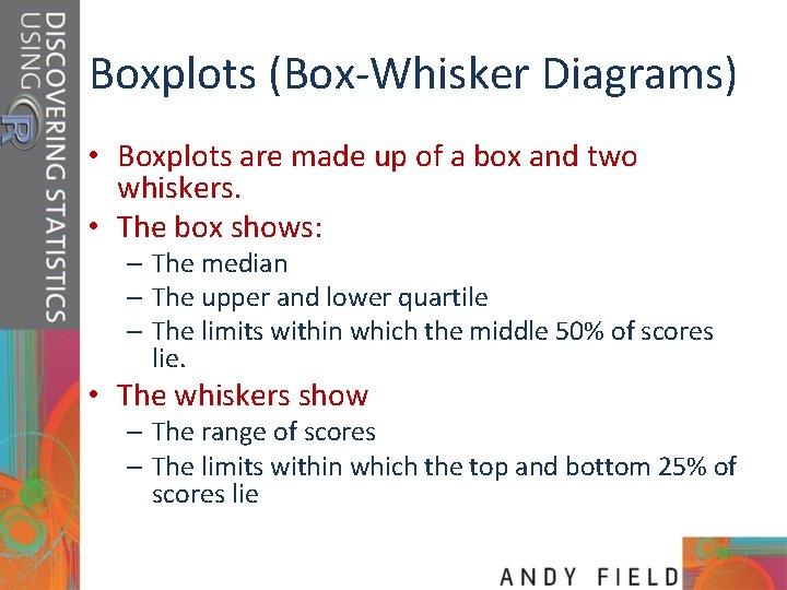 Boxplots (Box-Whisker Diagrams) • Boxplots are made up of a box and two whiskers.