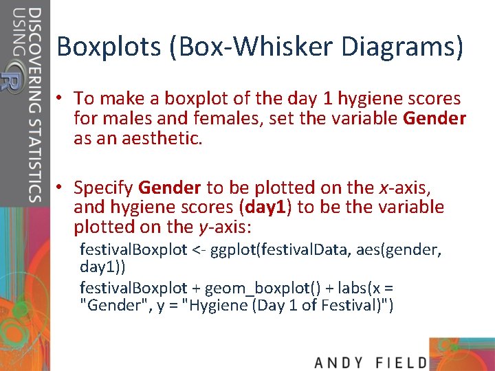 Boxplots (Box-Whisker Diagrams) • To make a boxplot of the day 1 hygiene scores
