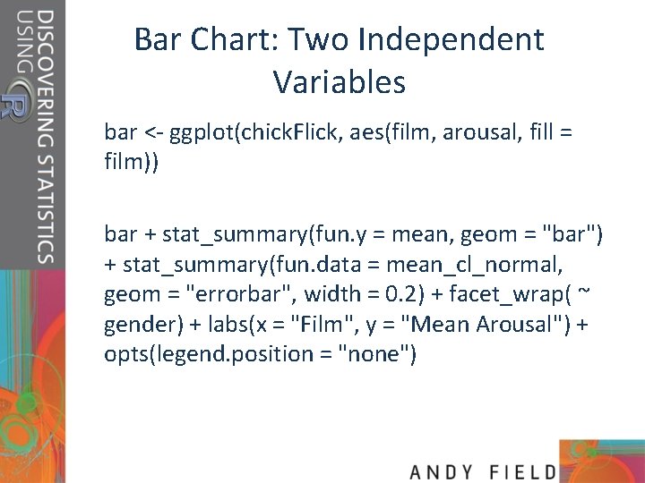 Bar Chart: Two Independent Variables bar <- ggplot(chick. Flick, aes(film, arousal, fill = film))