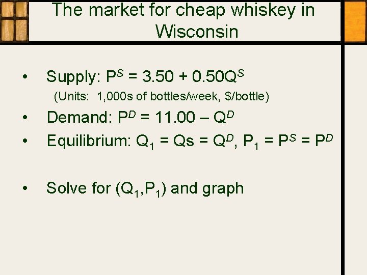 The market for cheap whiskey in Wisconsin • Supply: PS = 3. 50 +