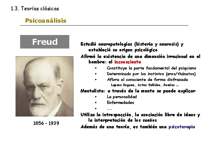 1. 3. Teorías clásicas Psicoanálisis Freud Estudió neuropatologías (histeria y neurosis) y estableció su
