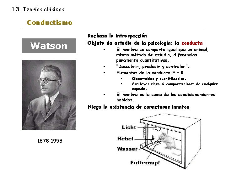 1. 3. Teorías clásicas Conductismo Watson Rechaza la introspección Objeto de estudio de la
