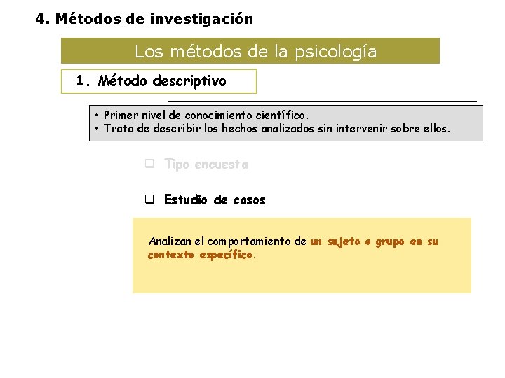 4. Métodos de investigación Los métodos de la psicología 1. Método descriptivo • Primer