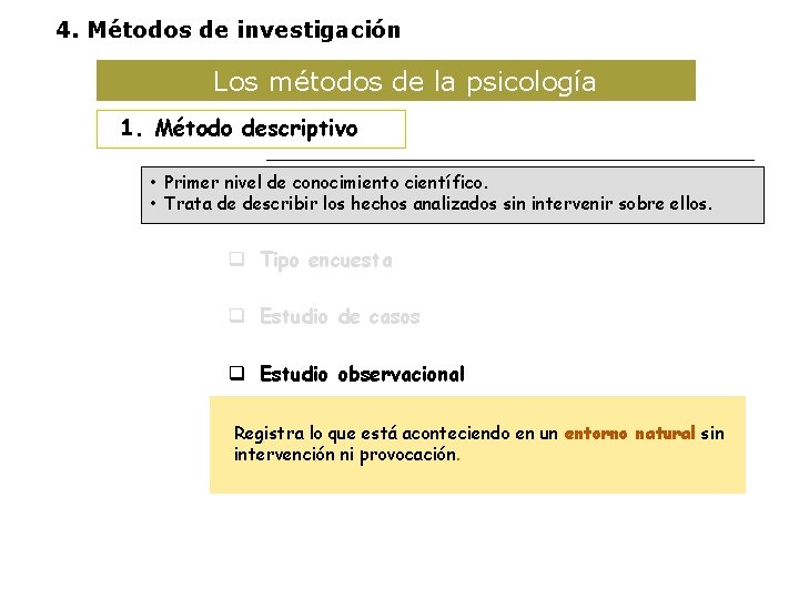 4. Métodos de investigación Los métodos de la psicología 1. Método descriptivo • Primer