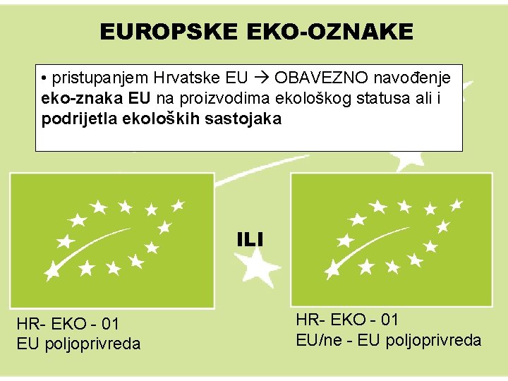 EUROPSKE EKO-OZNAKE • pristupanjem Hrvatske EU OBAVEZNO navođenje eko-znaka EU na proizvodima ekološkog statusa