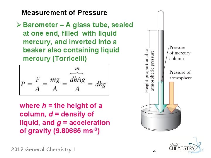Measurement of Pressure Ø Barometer – A glass tube, sealed at one end, filled Measurement of Pressure Ø Barometer – A glass tube, sealed at one end, filled