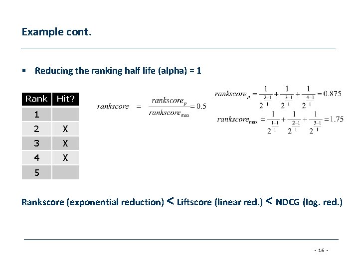 Example cont. § Reducing the ranking half life (alpha) = 1 Rank Hit? 1