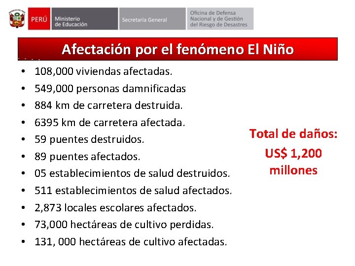 Afectación por el fenómeno El Niño • • • 108, 000 viviendas afectadas. 549,