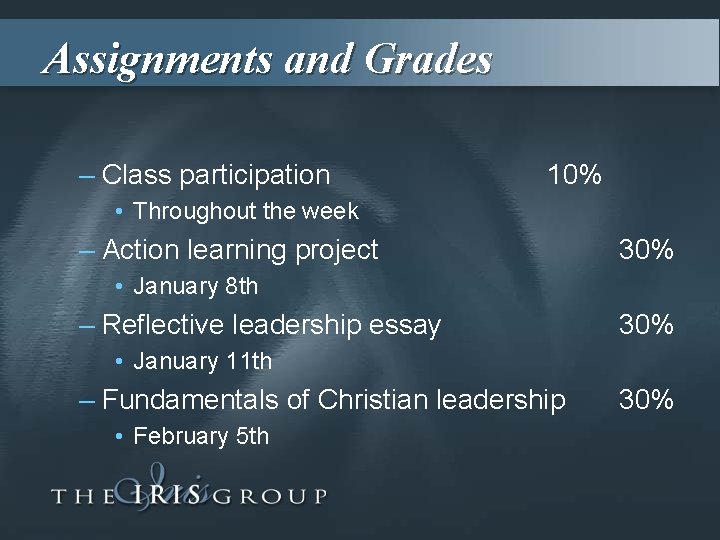 Assignments and Grades – Class participation 10% • Throughout the week – Action learning