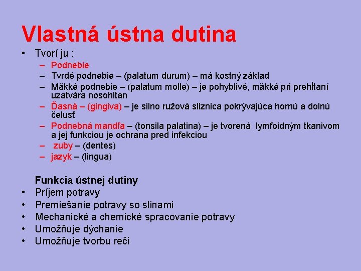 Vlastná ústna dutina • Tvorí ju : – Podnebie – Tvrdé podnebie – (palatum
