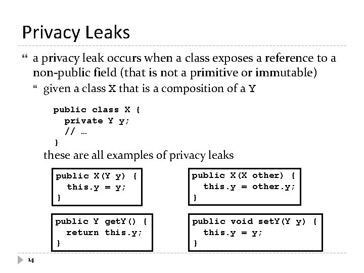 Privacy Leaks a privacy leak occurs when a class exposes a reference to a