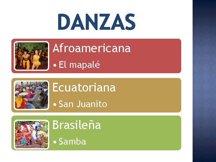 DANZAS Afroamericana • El mapalé Ecuatoriana • San Juanito Brasileña • Samba 