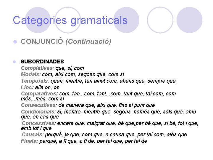 Categories gramaticals l CONJUNCIÓ (Continuació) l SUBORDINADES Completives: que, si, com Modals: com, així