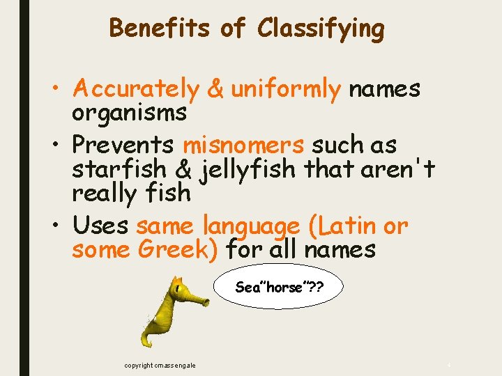 Benefits of Classifying • Accurately & uniformly names organisms • Prevents misnomers such as Benefits of Classifying • Accurately & uniformly names organisms • Prevents misnomers such as