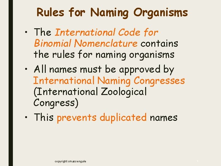 Rules for Naming Organisms • The International Code for Binomial Nomenclature contains the rules Rules for Naming Organisms • The International Code for Binomial Nomenclature contains the rules