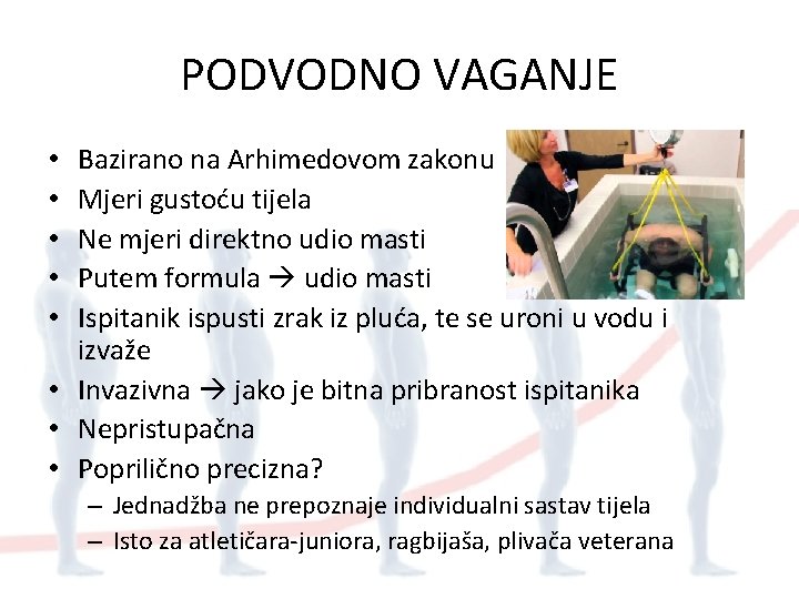 PODVODNO VAGANJE Bazirano na Arhimedovom zakonu Mjeri gustoću tijela Ne mjeri direktno udio masti