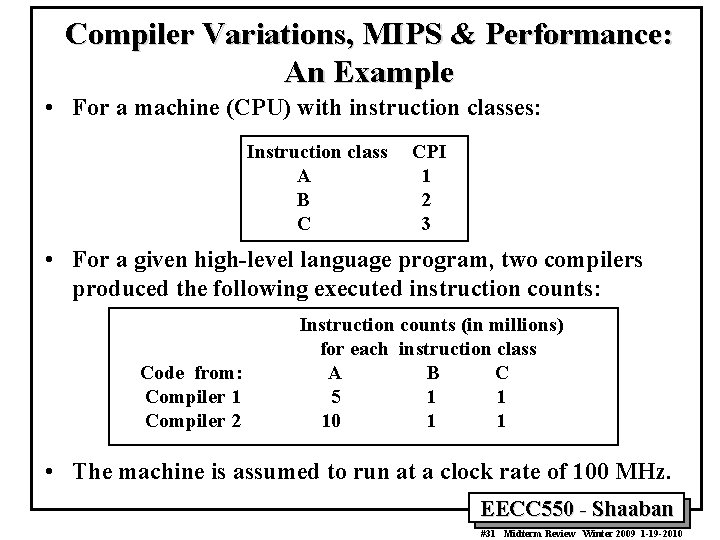 Compiler Variations, MIPS & Performance: An Example • For a machine (CPU) with instruction Compiler Variations, MIPS & Performance: An Example • For a machine (CPU) with instruction