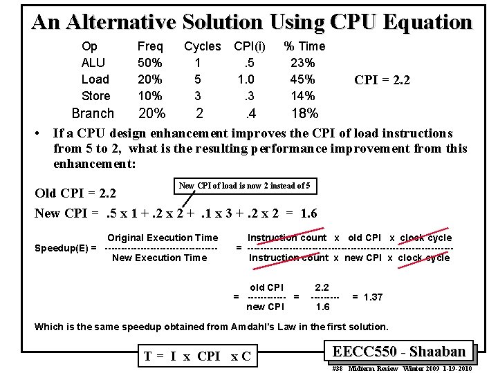 An Alternative Solution Using CPU Equation Op ALU Load Store Freq 50% 20% 10% An Alternative Solution Using CPU Equation Op ALU Load Store Freq 50% 20% 10%