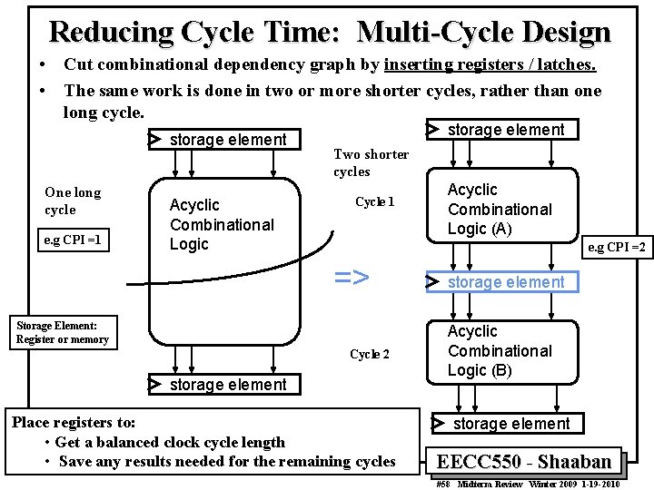 Reducing Cycle Time: Multi-Cycle Design • Cut combinational dependency graph by inserting registers /