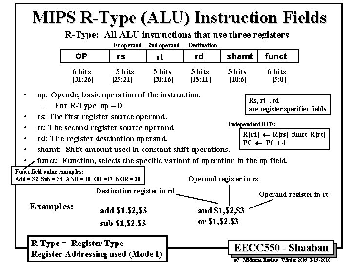 MIPS R-Type (ALU) Instruction Fields R-Type: All ALU instructions that use three registers 1