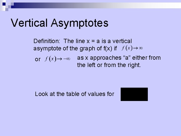 Vertical Asymptotes Definition: The line x = a is a vertical asymptote of the